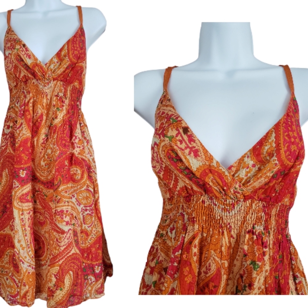 NWOT Derek Heart orange & red paisley smocked fit & flare dress Juniors XL